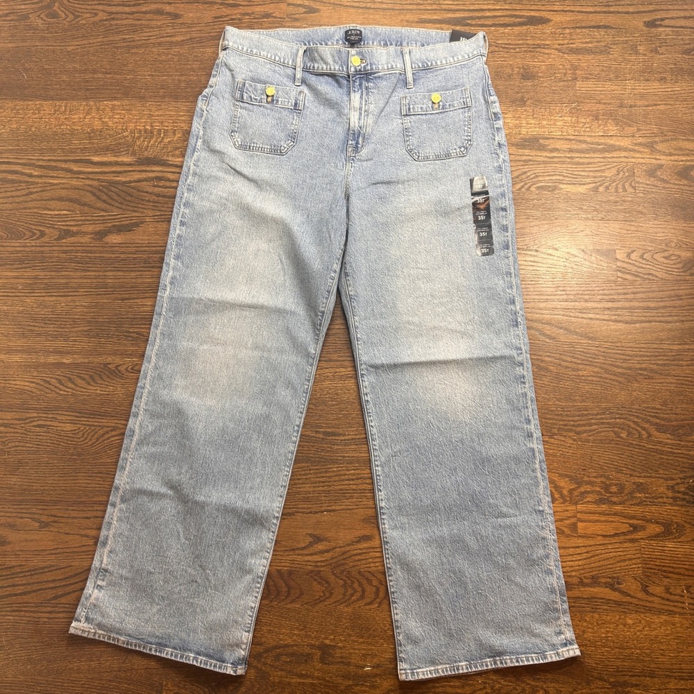 J Crew Full Length Slim Wide Leg Jeans Womens 35T Light Wash Gold Button NWT
